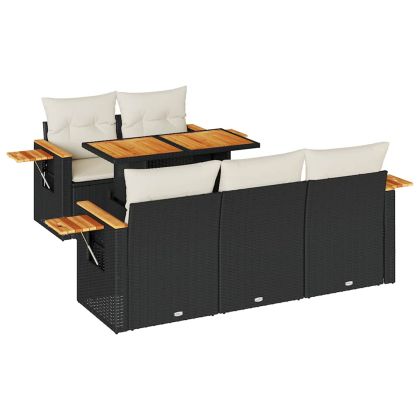 Градински диван с възглавници, 6 части, черен полиратан, акация