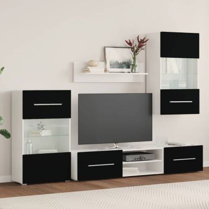 5 броя ТВ шкафове с LED осветление Матово черно инженерно дърво