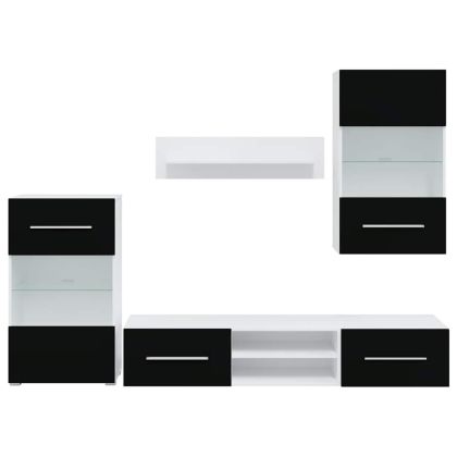 5 броя ТВ шкафове с LED осветление Матово черно инженерно дърво