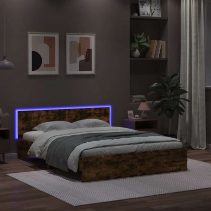 Рамка за легло с табла и LED, опушен дъб, 150x200 см