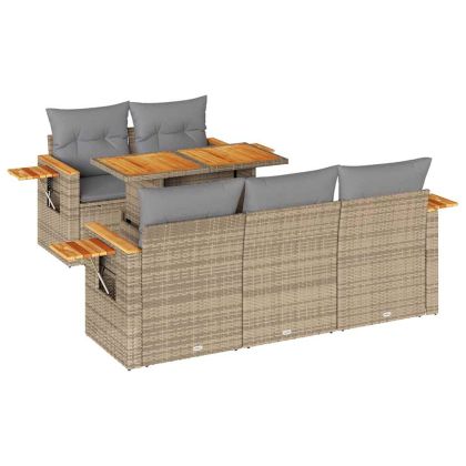 Градински диван с възглавници, 6 части, бежов полиратан, акация