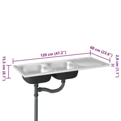 Кухненска мивка с две корита, сребриста, 1200x600x155 мм, инокс