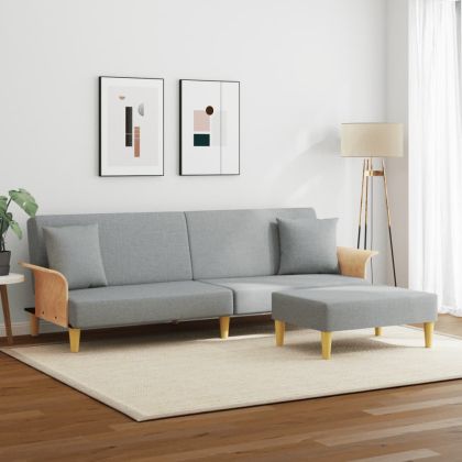 2-местно канапе с възглавници и табуретка, светлосиво, кадифе