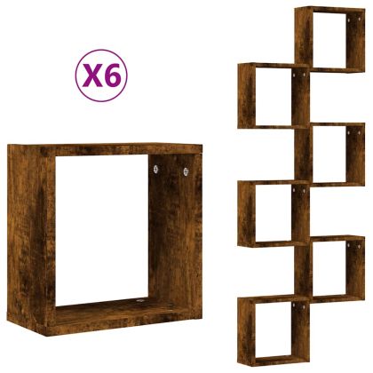 стенни кубични рафтове 6 бр. опушен дъб 30x15x30 cm
