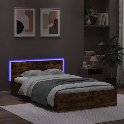 Рамка за легло с табла и LED, опушен дъб, 140x200 см