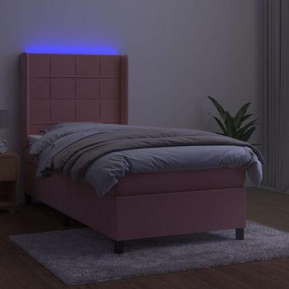 Боксспринг легло с матрак и LED, розово, 90x200 см, кадифе