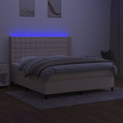 Боксспринг легло с матрак и LED, кремаво, 160x200 см, плат