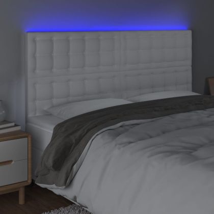 LED горна табла за легло, бяла, 160x5x118/128см изкуствена кожа