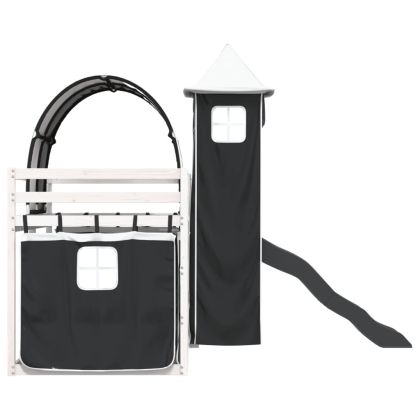 Двуетажно легло с пързалка и завеси, бяло и черно, 90x200 см