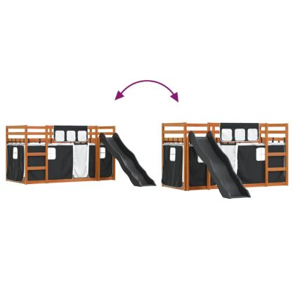 Двуетажно легло с пързалка и завеси, бяло и черно, 90x200 см