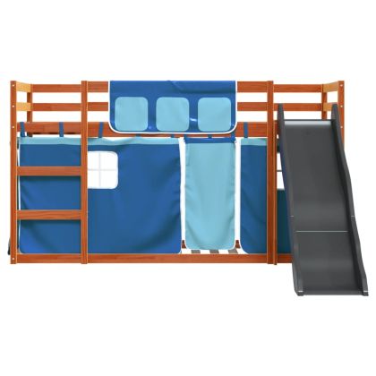 Двуетажно легло с пързалка и завеси, синьо, 90x200 см
