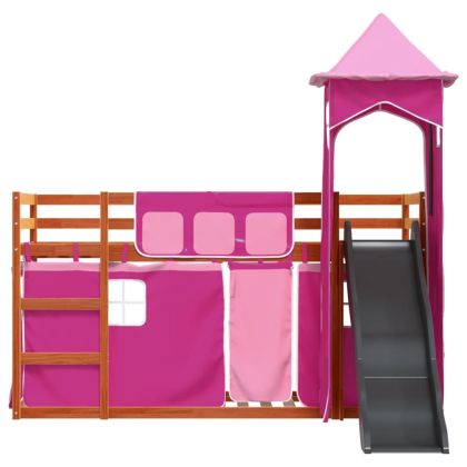 Двуетажно легло с пързалка и завеси, синьо, 90x200 см