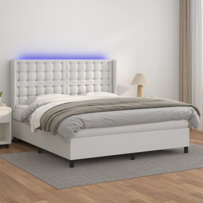 Боксспринг легло с матрак и LED бяло 160x200 см изкуствена кожа