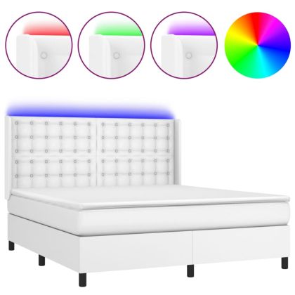 Боксспринг легло с матрак и LED бяло 160x200 см изкуствена кожа