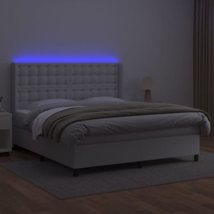 Боксспринг легло с матрак и LED бяло 160x200 см изкуствена кожа