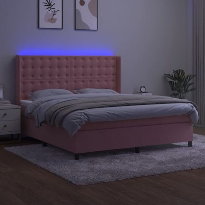 Боксспринг легло с матрак и LED, розово, 160x200 см, кадифе