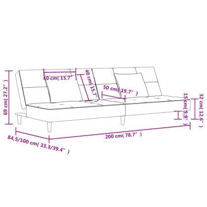 2-местно разтегателно канапе с две възглавници, черно, текстил