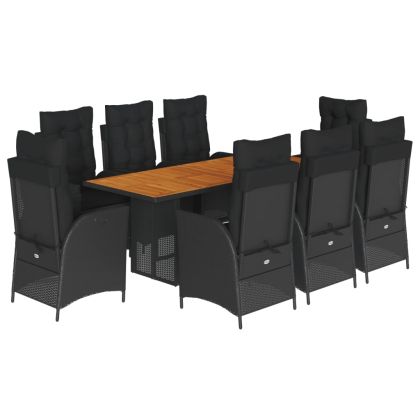 Градински трапезен комплект възглавници 9 части черен полиратан