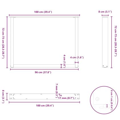 Крака за трапезна маса, U-образни, 3 бр., естествена стомана, 100 x (72-73) см, стомана