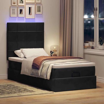 Османска легло с матраци и LED, черно, 90x200 см, кадифе