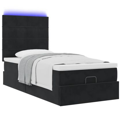 Османска легло с матраци и LED, черно, 90x200 см, кадифе