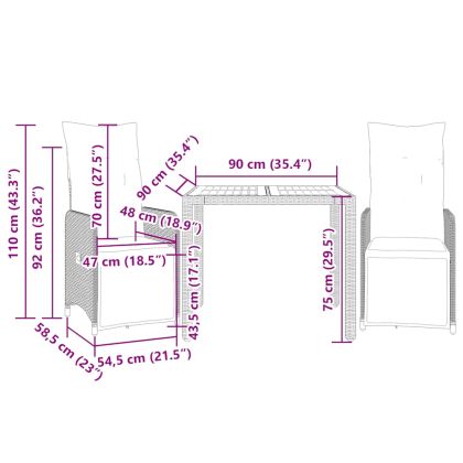 Градински бистро комплект с възглавници 3 части черен полиратан