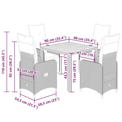 Градински бистро комплект с възглавници 5 части черен полиратан