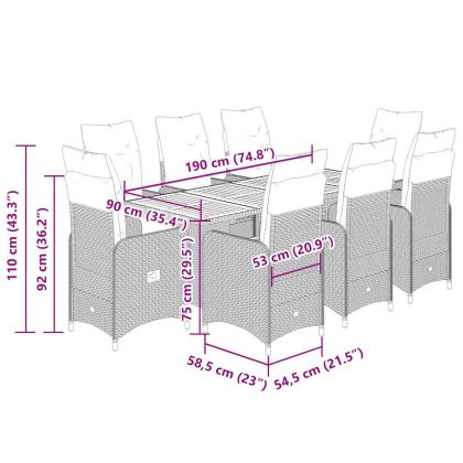 Градински бистро комплект с възглавници 9 части сив полиратан