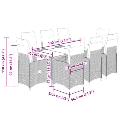 Градински бистро комплект с възглавници 9 части сив полиратан