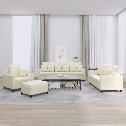 Комплект дивани от 4 части с възглавници, кремав, кадифе
