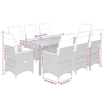 Градински трапезен комплект възглавници 9 части черен полиратан