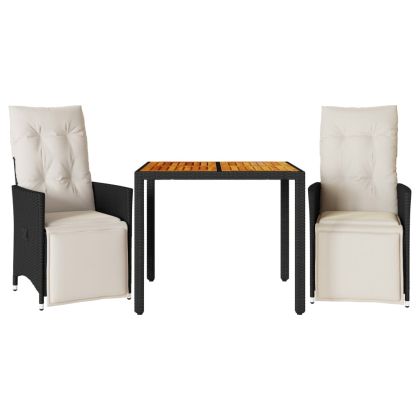 Бистро комплект с възглавници 3 части черен полиратан