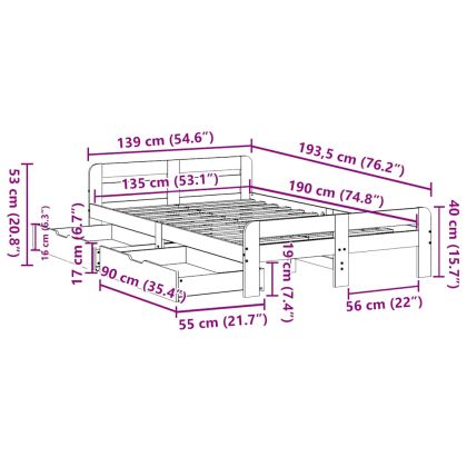 Рамка за легло без матрак, бял, 135x190 см, бор масив