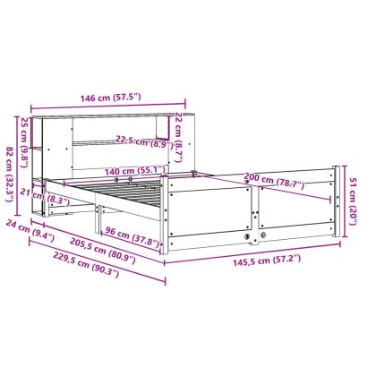 Легло с етажерка за книги, без матрак, 140x200 см, бор масив