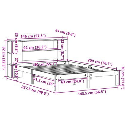 Легло с етажерка за книги, без матрак, 140x200 см, бор масив
