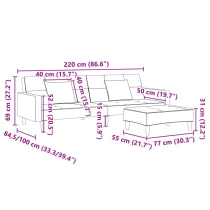 2-местен диван с табуретка, тъмносив, текстил