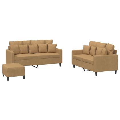 Комплект дивани от 3 части с възглавници, кафяв, кадифе