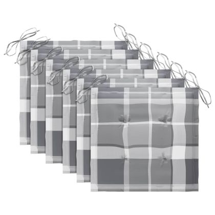 Градински столове, възглавници със сиво каре, 6 бр, тик масив