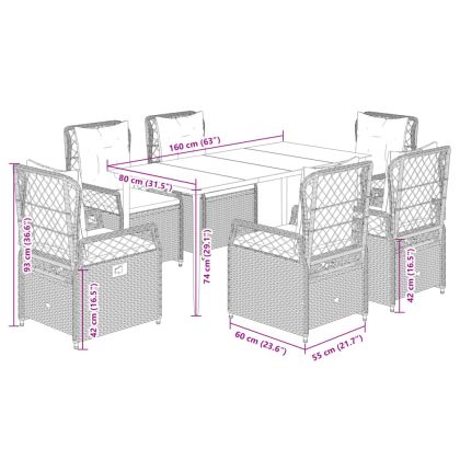 Градински комплект 7 части с възглавници светлосив полиратан