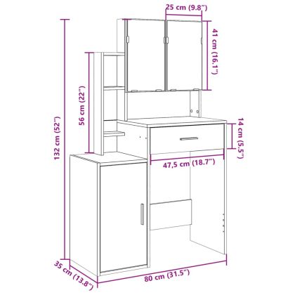 Тоалетка с шкаф, Опушен дъб, 80x35x132 см