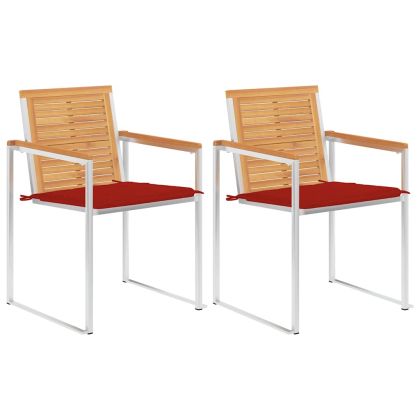 Градински столове с възглавници, 2 бр, тик масив и стомана