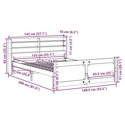 Рамка за легло с табла, 135x190 см, борово дърво масив