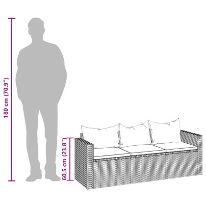 3-местен градински диван с възглавници, сив, полиратан