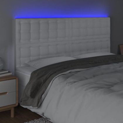 LED горна табла за легло, бяла, 180x5x118/128см изкуствена кожа