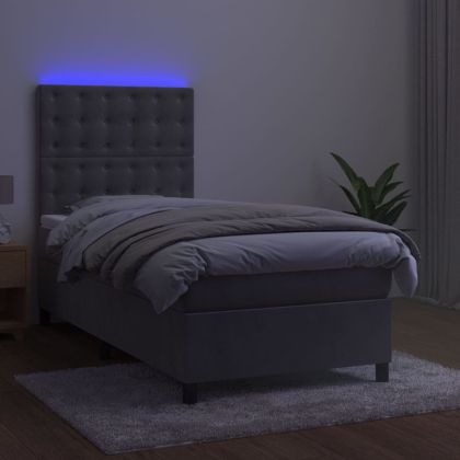 Боксспринг легло с матрак и LED, светлосиво, 90x190 см, кадифе