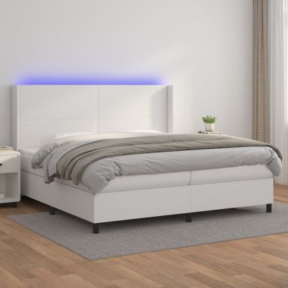 Боксспринг легло с матрак и LED бяло 200x200 см изкуствена кожа