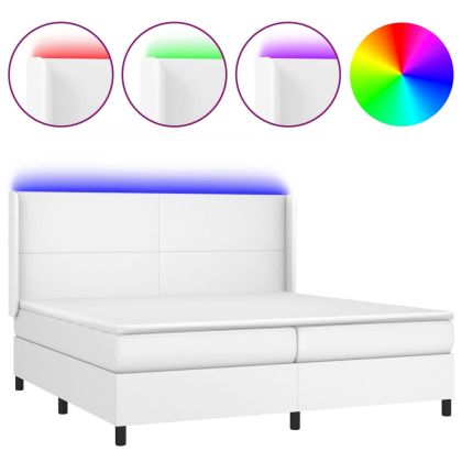 Боксспринг легло с матрак и LED бяло 200x200 см изкуствена кожа