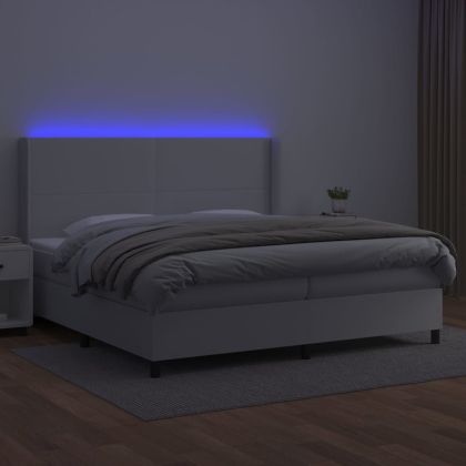 Боксспринг легло с матрак и LED бяло 200x200 см изкуствена кожа