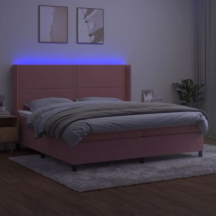 Боксспринг легло с матрак и LED, розово, 200x200 см, кадифе