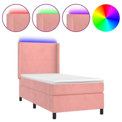 Боксспринг легло с матрак и LED, розово, 100x200 см, кадифе